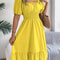 Short Sleeved Ruffled Edge Long Dresses, Waisted Dress Square Neck for Women