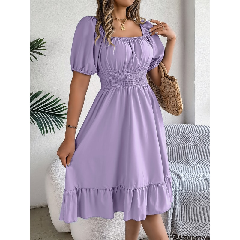 Short Sleeved Ruffled Edge Long Dresses, Waisted Dress Square Neck for Women