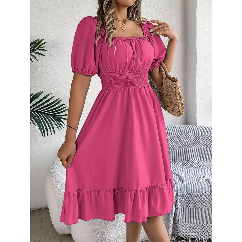 Short Sleeved Ruffled Edge Long Dresses, Waisted Dress Square Neck for Women