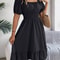 Short Sleeved Ruffled Edge Long Dresses, Waisted Dress Square Neck for Women
