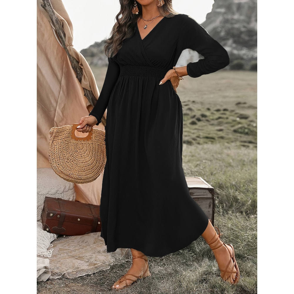 Fashion V-Neck Plus Size Tunic Long Sleeve Dress for Autumn