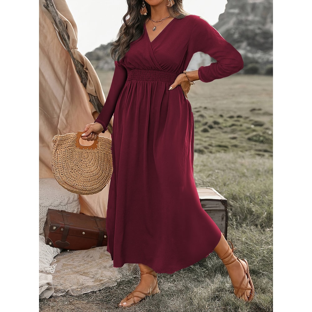 Fashion V-Neck Plus Size Tunic Long Sleeve Dress for Autumn