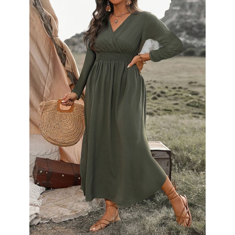 Fashion V-Neck Plus Size Tunic Long Sleeve Dress for Autumn