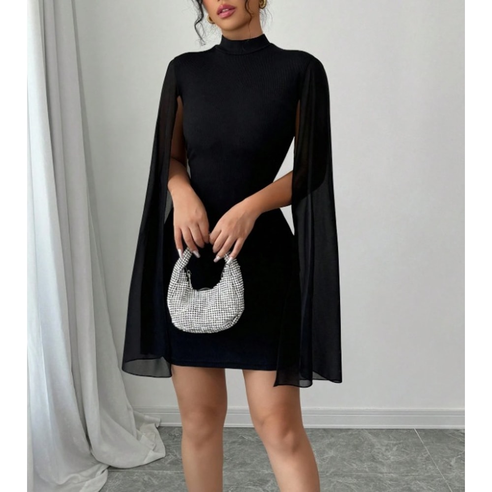 Women's Round Neck Pearl Chiffon Cloak Wrapped Hip Dress, European and American Style