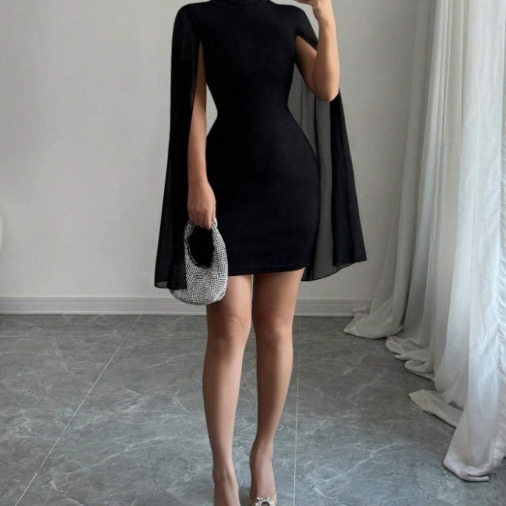 Women's Round Neck Pearl Chiffon Cloak Wrapped Hip Dress, European and American Style