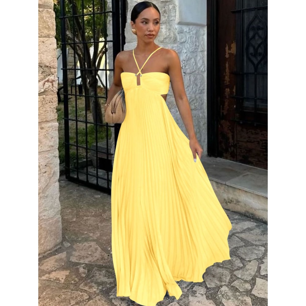 Elegant Backless Pleated Long Dress, Fashionable Summer Camisole Beach Vacation Long Dress