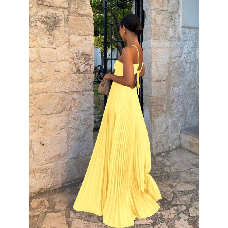 Elegant Backless Pleated Long Dress, Fashionable Summer Camisole Beach Vacation Long Dress