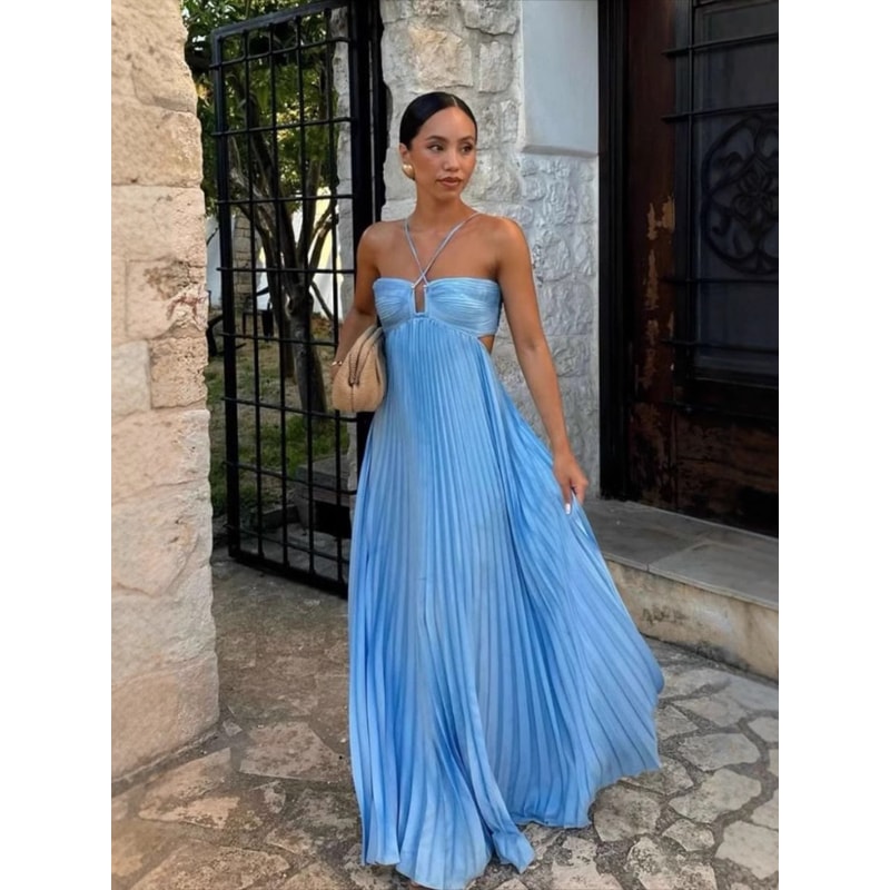 Elegant Backless Pleated Long Dress, Fashionable Summer Camisole Beach Vacation Long Dress