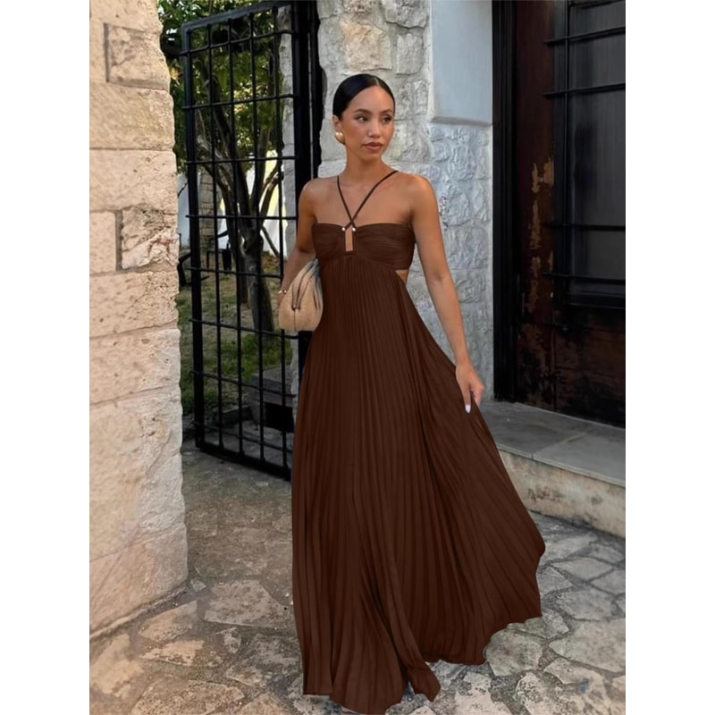 Elegant Backless Pleated Long Dress, Fashionable Summer Camisole Beach Vacation Long Dress
