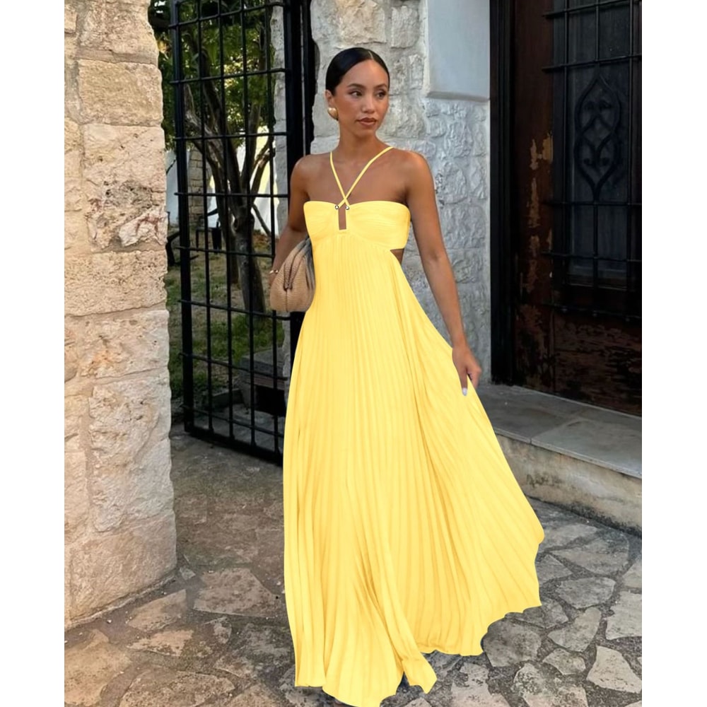 Elegant Backless Pleated Long Dress, Fashionable Summer Camisole Beach Vacation Long Dress