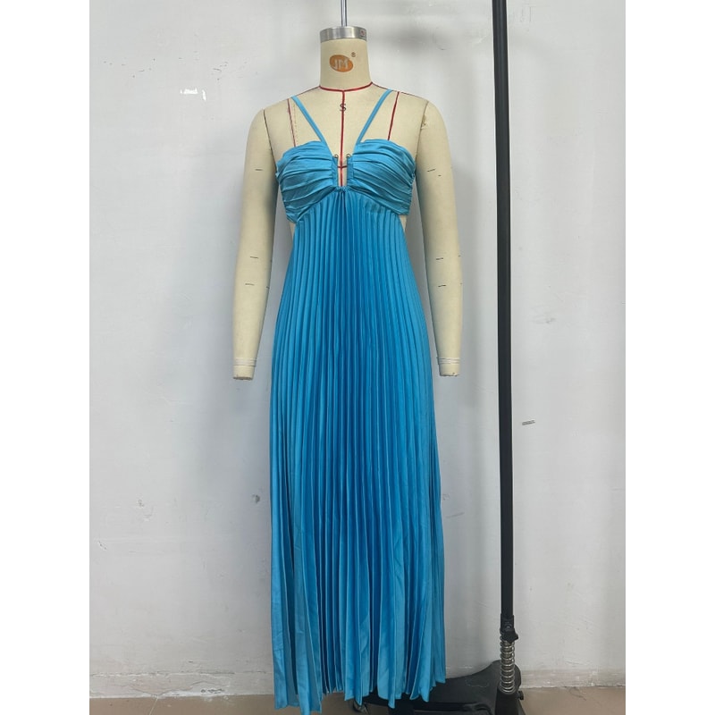 Elegant Backless Pleated Long Dress, Fashionable Summer Camisole Beach Vacation Long Dress
