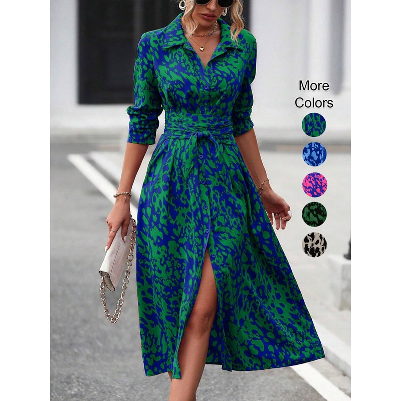 Women's Long Sleeve Belted Waist Midi Dress, Elegant Random Print Button Down Shirt Dress, Spring Fall Office Casual