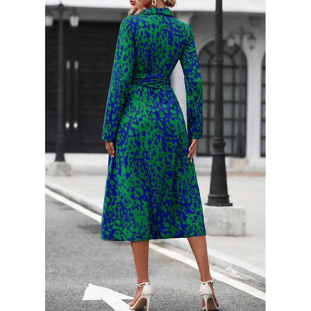 Women's Long Sleeve Belted Waist Midi Dress, Elegant Random Print Button Down Shirt Dress, Spring Fall Office Casual