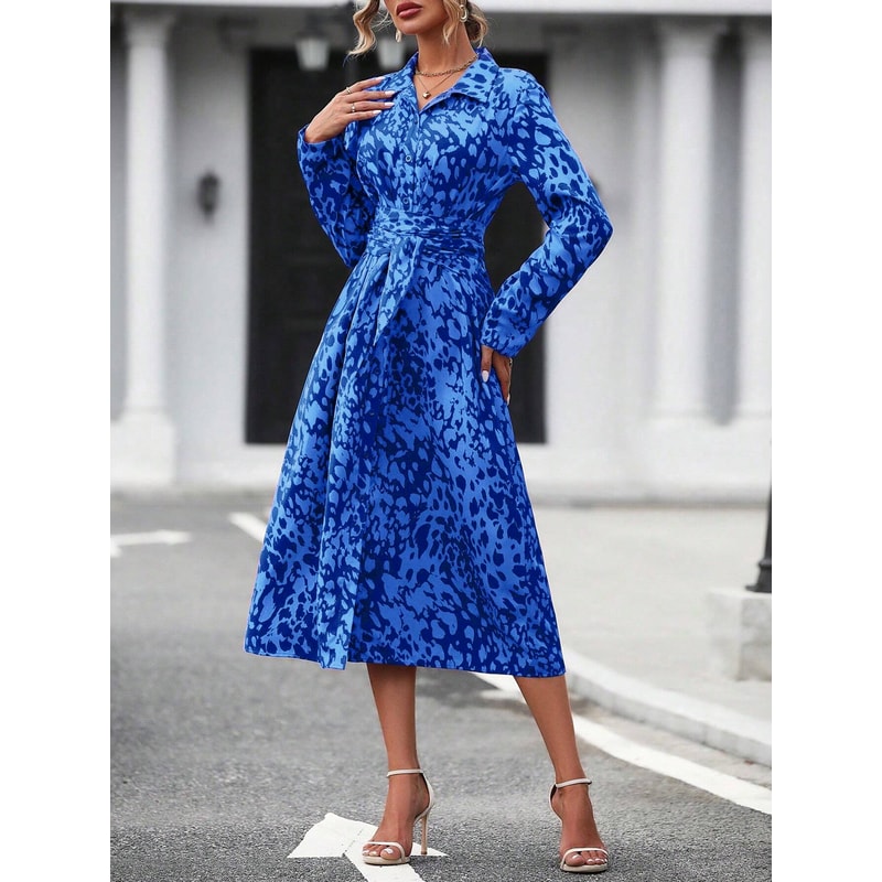 Women's Long Sleeve Belted Waist Midi Dress, Elegant Random Print Button Down Shirt Dress, Spring Fall Office Casual