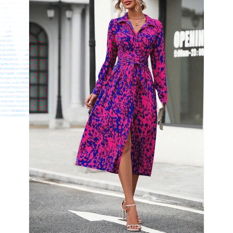 Women's Long Sleeve Belted Waist Midi Dress, Elegant Random Print Button Down Shirt Dress, Spring Fall Office Casual