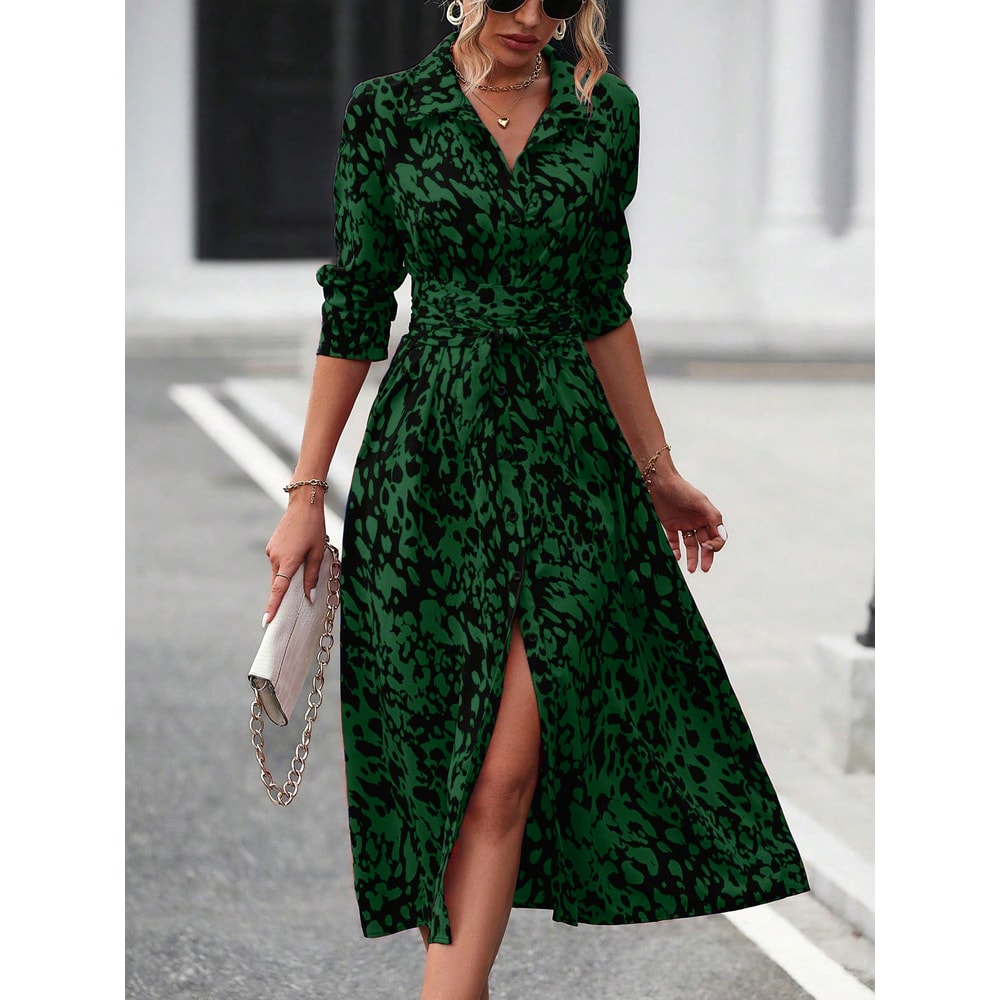 Women's Long Sleeve Belted Waist Midi Dress, Elegant Random Print Button Down Shirt Dress, Spring Fall Office Casual