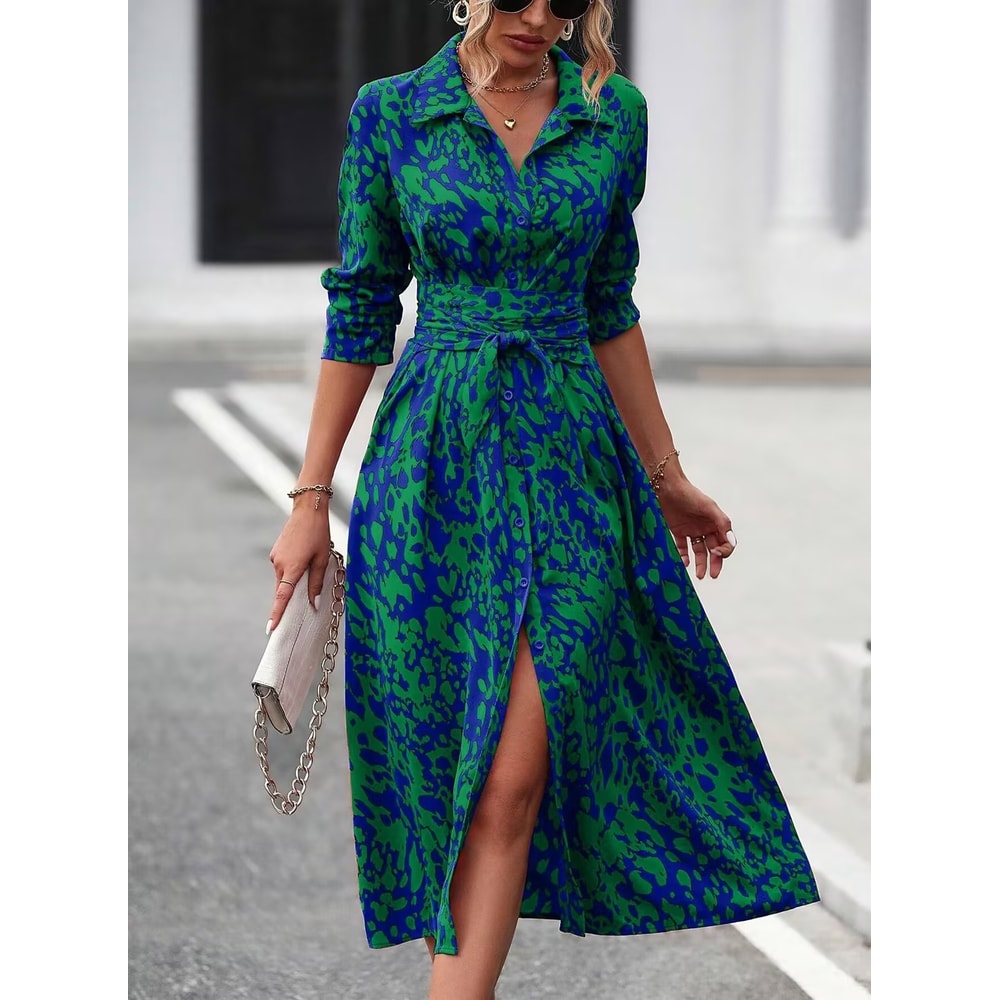 Women's Long Sleeve Belted Waist Midi Dress, Elegant Random Print Button Down Shirt Dress, Spring Fall Office Casual