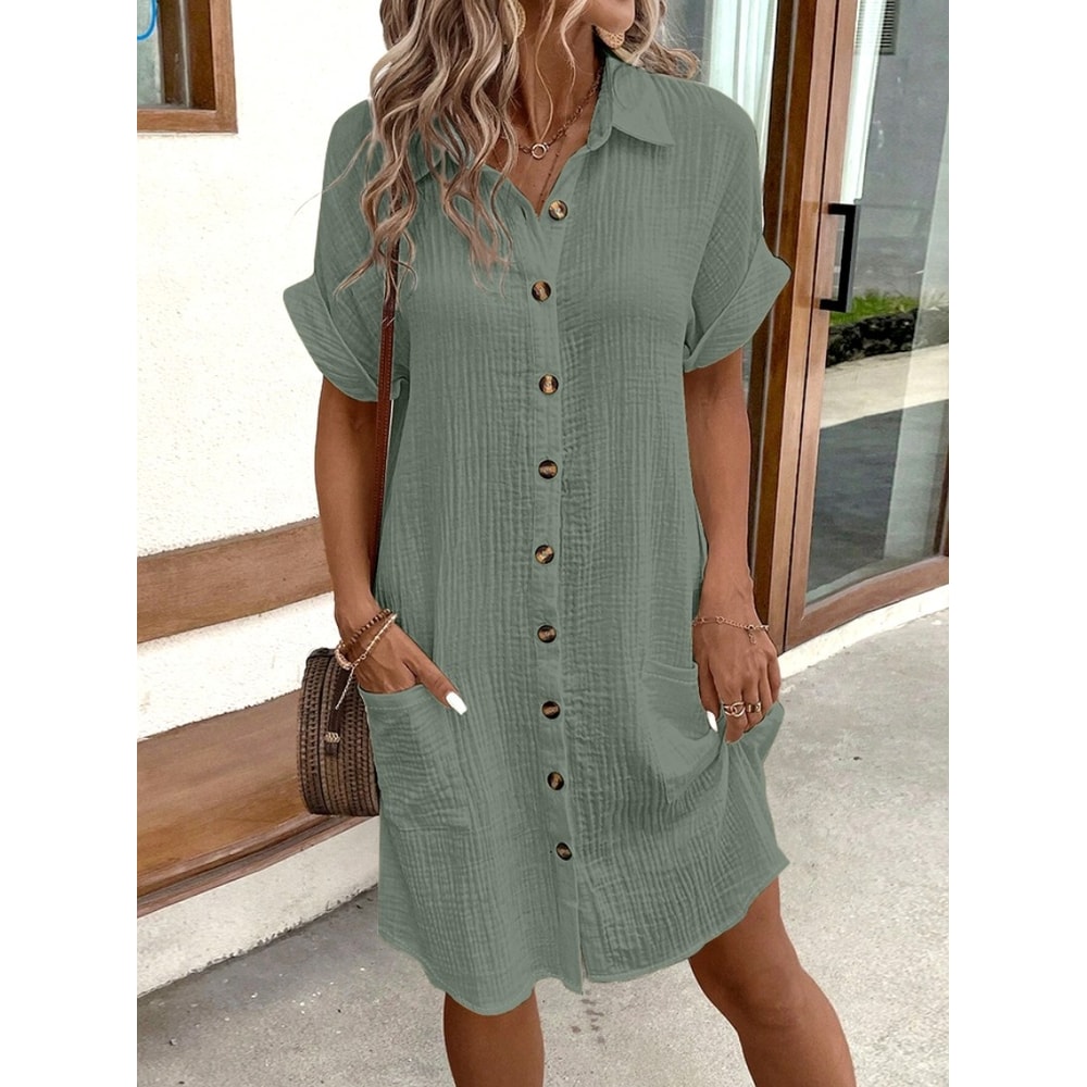 Ladies Casual Holiday Vestidos, Vintage Women Solid Mini Dress, V-neck Three Quarter Sleeve Dress