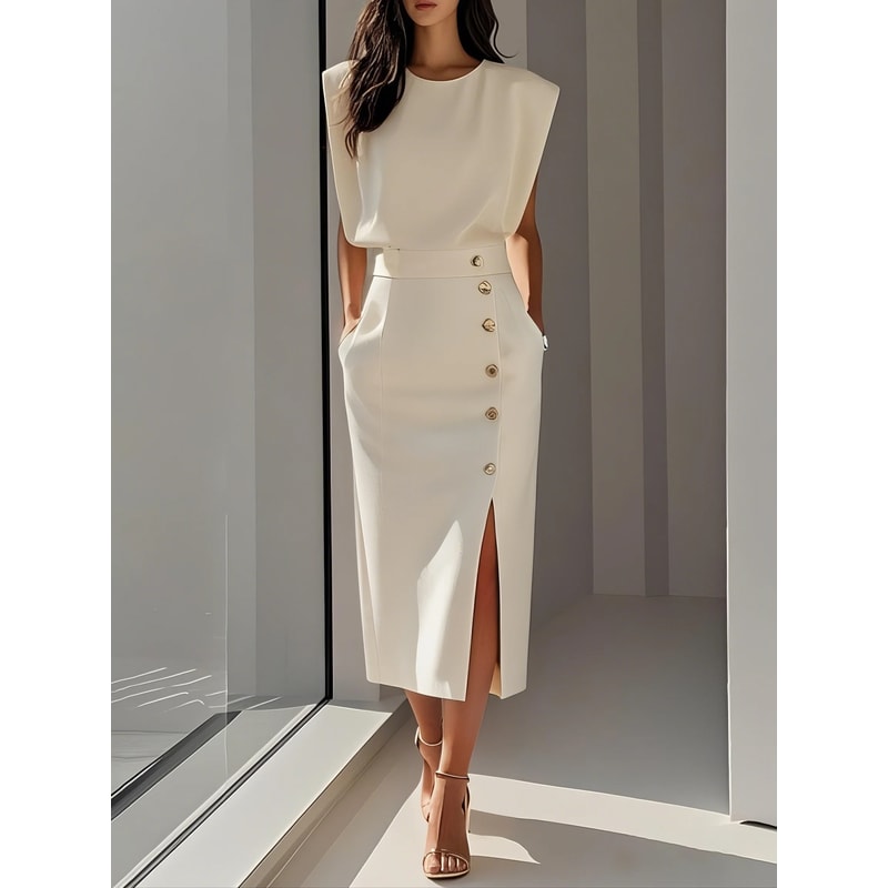 Fashion Women's Tank Dress, Elegant Single Breasted Midi Dress, Casual Trendy Solid Pockets Dress for Women