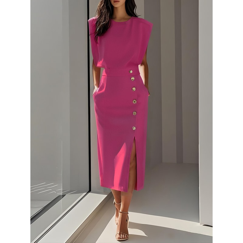 Fashion Women's Tank Dress, Elegant Single Breasted Midi Dress, Casual Trendy Solid Pockets Dress for Women