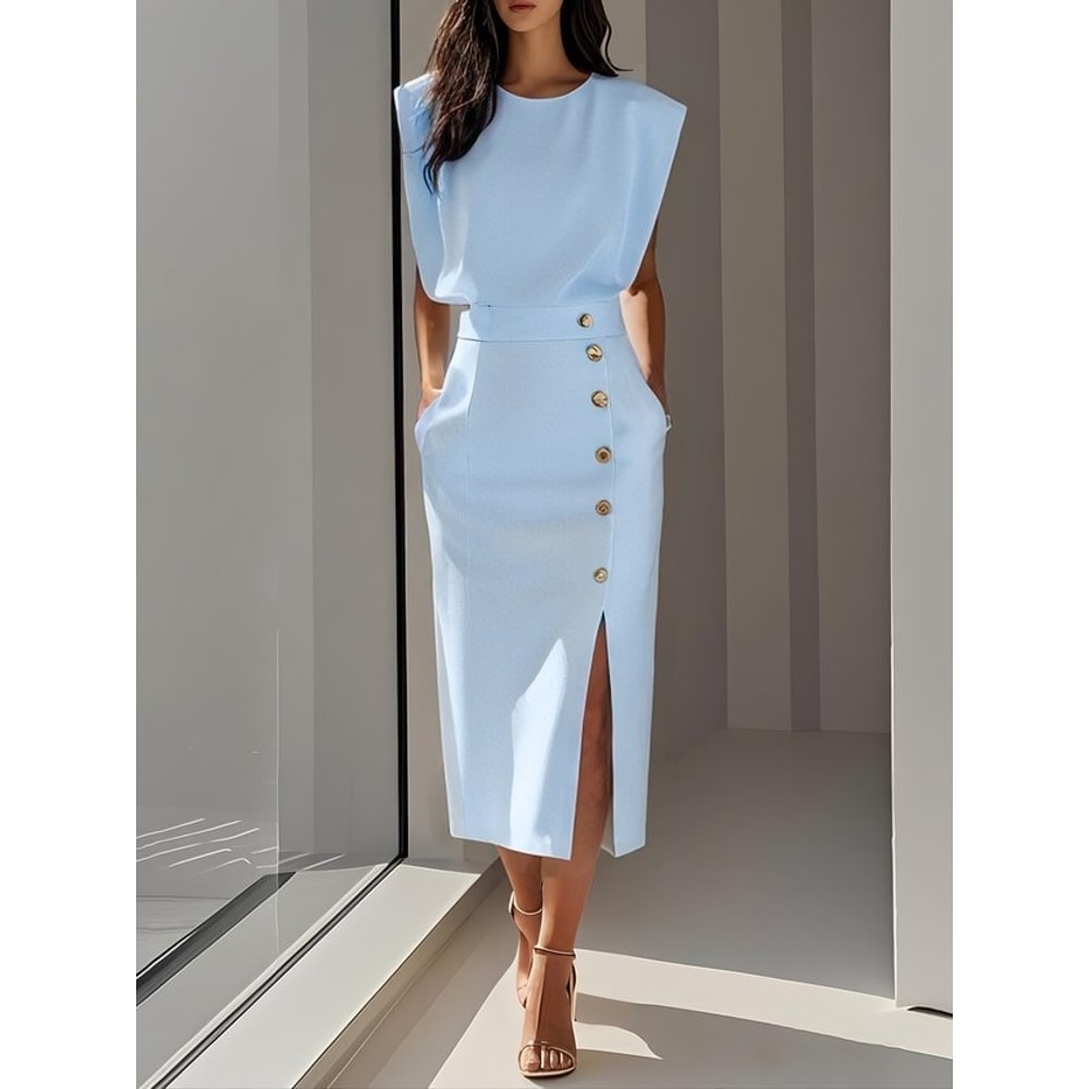 Fashion Women's Tank Dress, Elegant Single Breasted Midi Dress, Casual Trendy Solid Pockets Dress for Women