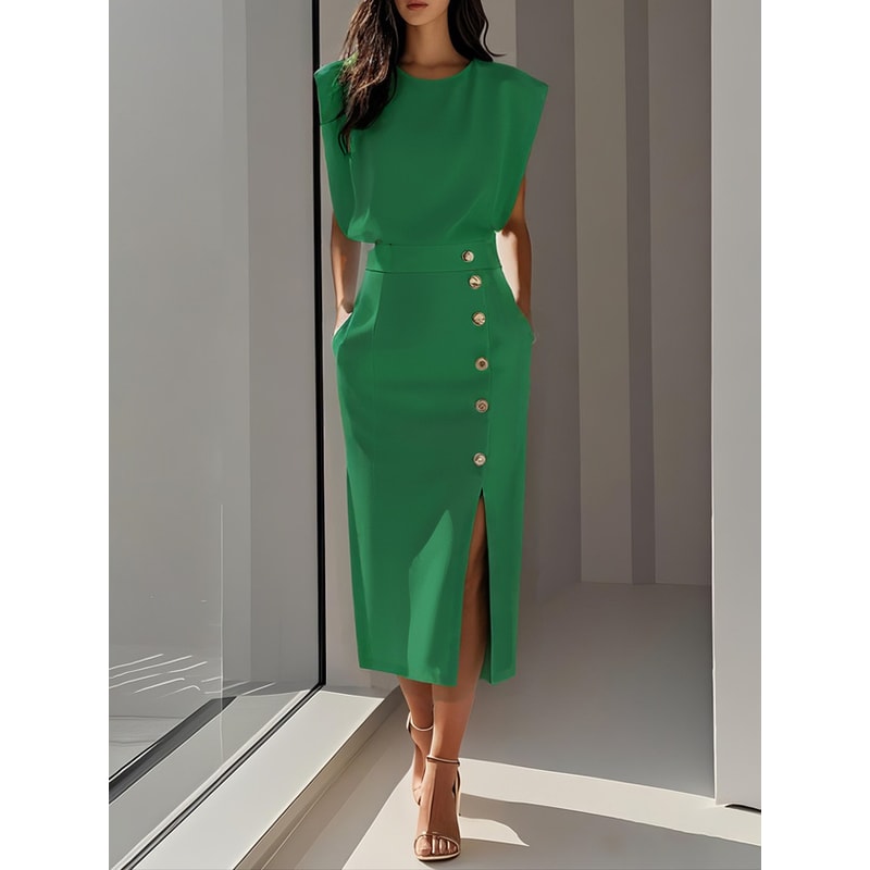 Fashion Women's Tank Dress, Elegant Single Breasted Midi Dress, Casual Trendy Solid Pockets Dress for Women