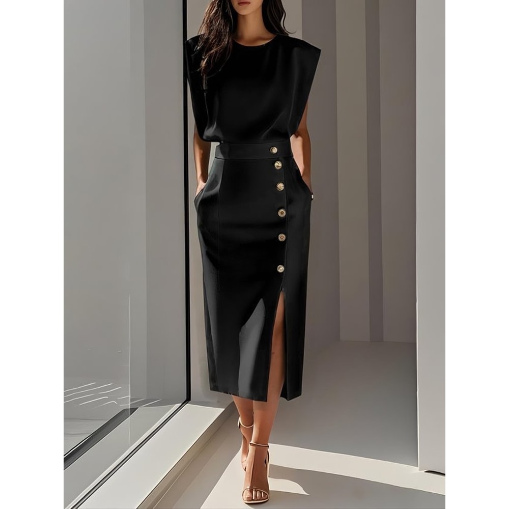 Fashion Women's Tank Dress, Elegant Single Breasted Midi Dress, Casual Trendy Solid Pockets Dress for Women