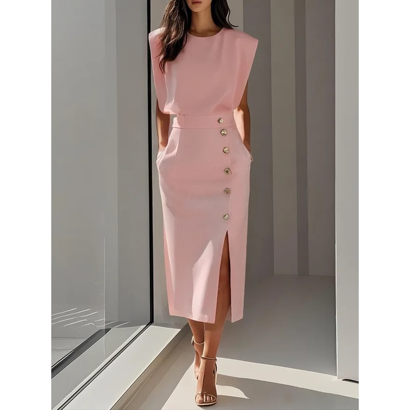 Fashion Women's Tank Dress, Elegant Single Breasted Midi Dress, Casual Trendy Solid Pockets Dress for Women