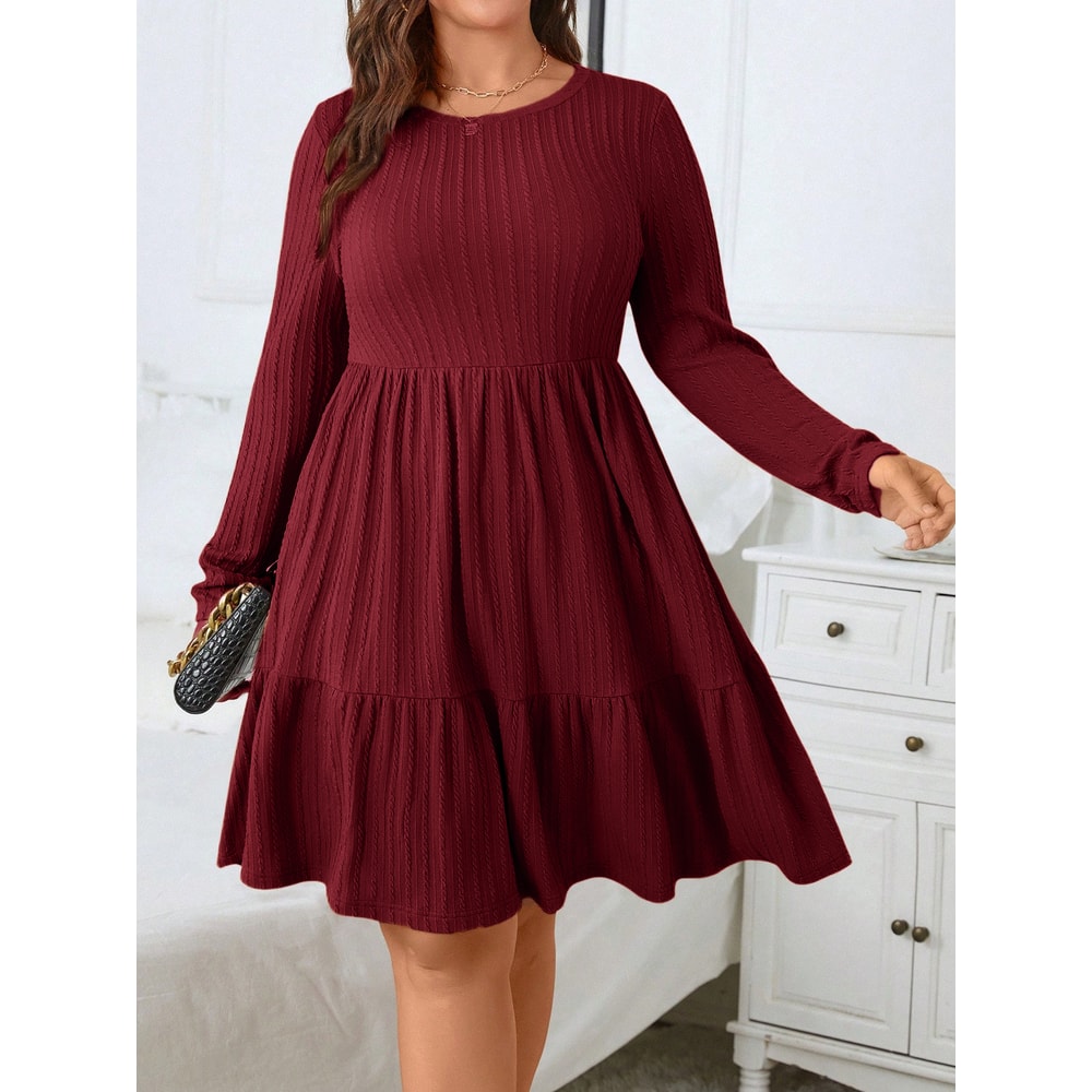 Autumn and Winter Plus Size Women's Dress, Long Sleeve Round Neck Solid Color with Ruffle Hem and Pockets