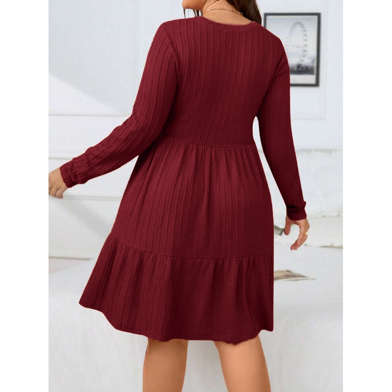 Autumn and Winter Plus Size Women's Dress, Long Sleeve Round Neck Solid Color with Ruffle Hem and Pockets