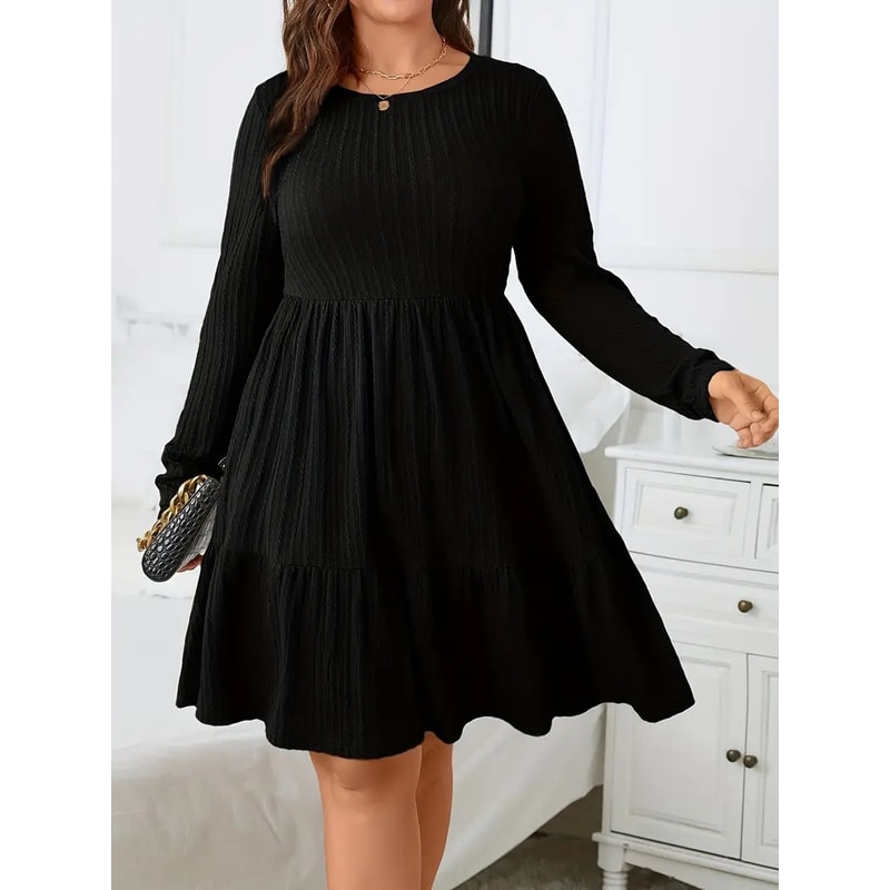 Autumn and Winter Plus Size Women's Dress, Long Sleeve Round Neck Solid Color with Ruffle Hem and Pockets