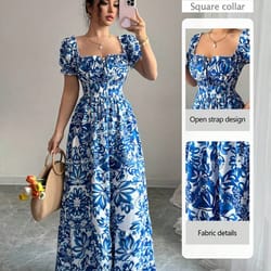 blue long dress, elegant women's floral print, front tie back gathered waist, bubble sleeve dress for casual vacation