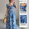 Blue Long Dress, Elegant Women's Floral Print, Front Tie Back Gathered Waist, Bubble Sleeve Dress for Casual Vacation