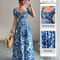 Blue Long Dress, Elegant Women's Floral Print, Front Tie Back Gathered Waist, Bubble Sleeve Dress for Casual Vacation