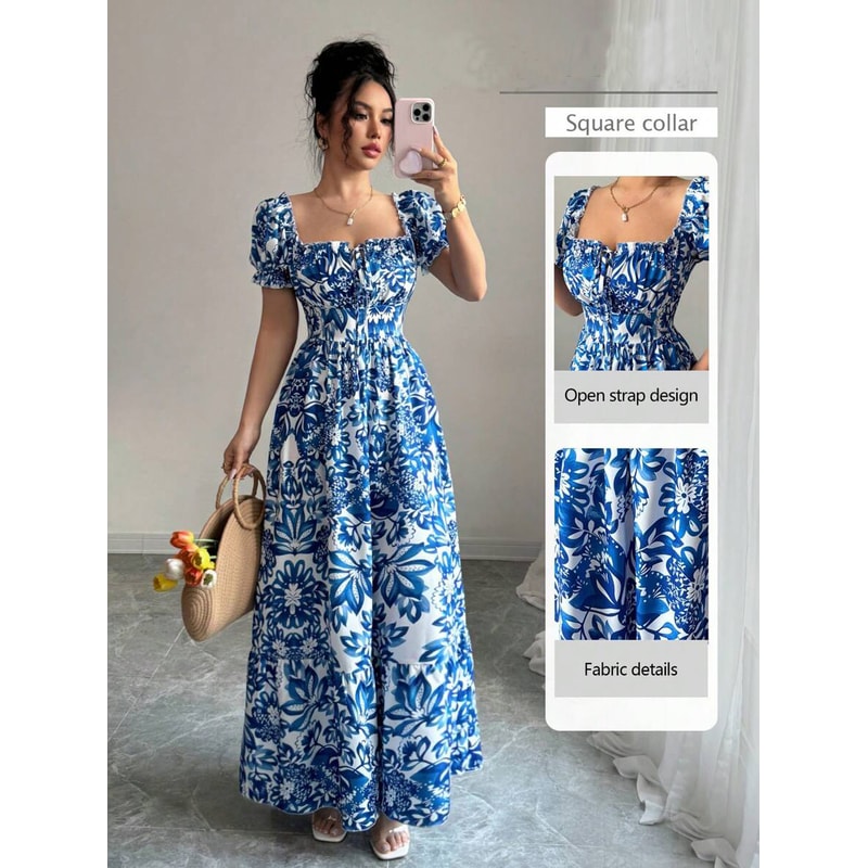 Blue Long Dress, Elegant Women's Floral Print, Front Tie Back Gathered Waist, Bubble Sleeve Dress for Casual Vacation