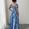 Blue Long Dress, Elegant Women's Floral Print, Front Tie Back Gathered Waist, Bubble Sleeve Dress for Casual Vacation