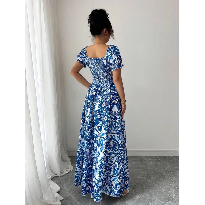 Blue Long Dress, Elegant Women's Floral Print, Front Tie Back Gathered Waist, Bubble Sleeve Dress for Casual Vacation