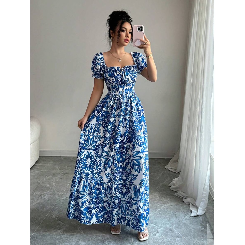 Blue Long Dress, Elegant Women's Floral Print, Front Tie Back Gathered Waist, Bubble Sleeve Dress for Casual Vacation