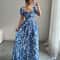 Blue Long Dress, Elegant Women's Floral Print, Front Tie Back Gathered Waist, Bubble Sleeve Dress for Casual Vacation