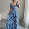 Blue Long Dress, Elegant Women's Floral Print, Front Tie Back Gathered Waist, Bubble Sleeve Dress for Casual Vacation