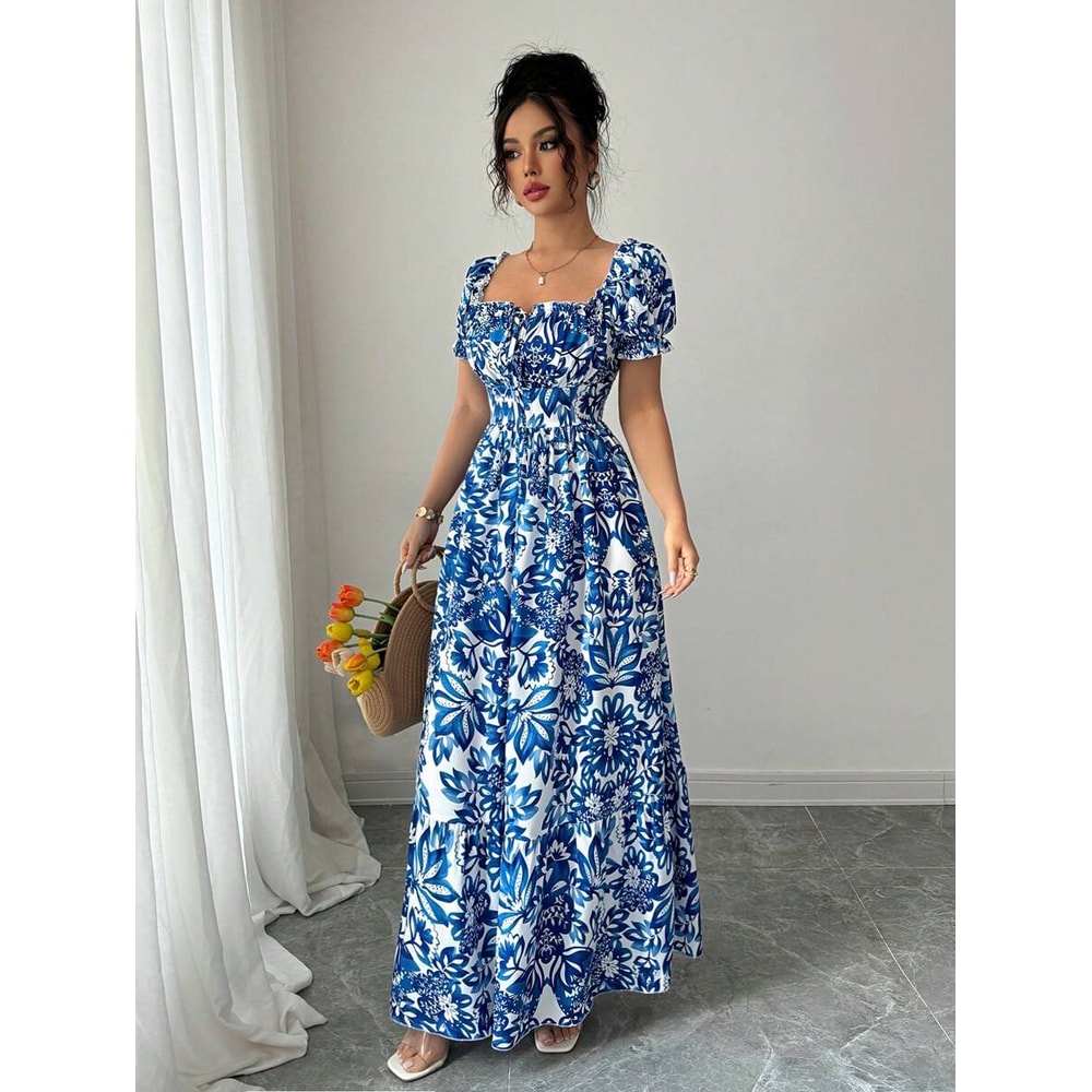 Blue Long Dress, Elegant Women's Floral Print, Front Tie Back Gathered Waist, Bubble Sleeve Dress for Casual Vacation