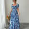 Blue Long Dress, Elegant Women's Floral Print, Front Tie Back Gathered Waist, Bubble Sleeve Dress for Casual Vacation