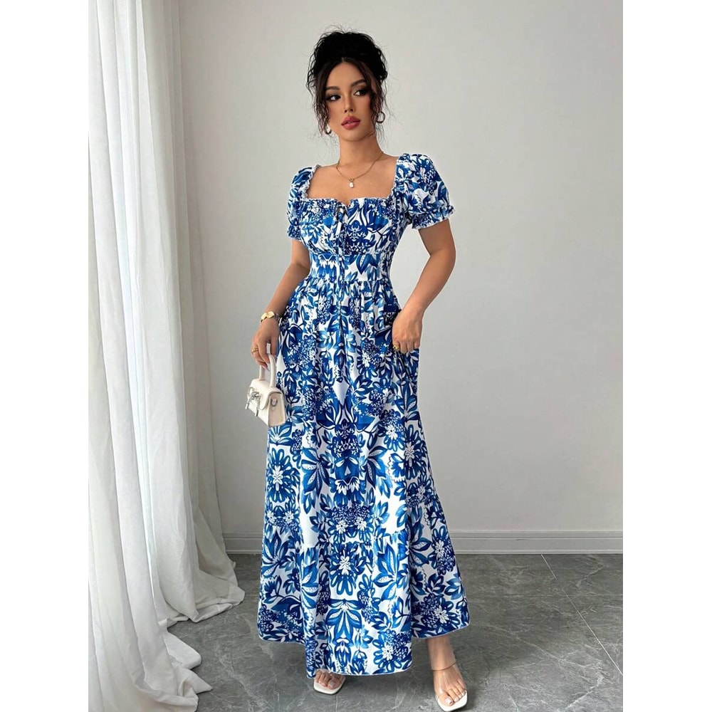 Blue Long Dress, Elegant Women's Floral Print, Front Tie Back Gathered Waist, Bubble Sleeve Dress for Casual Vacation