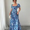 Blue Long Dress, Elegant Women's Floral Print, Front Tie Back Gathered Waist, Bubble Sleeve Dress for Casual Vacation