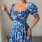 Blue Long Dress, Elegant Women's Floral Print, Front Tie Back Gathered Waist, Bubble Sleeve Dress for Casual Vacation
