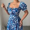 Blue Long Dress, Elegant Women's Floral Print, Front Tie Back Gathered Waist, Bubble Sleeve Dress for Casual Vacation