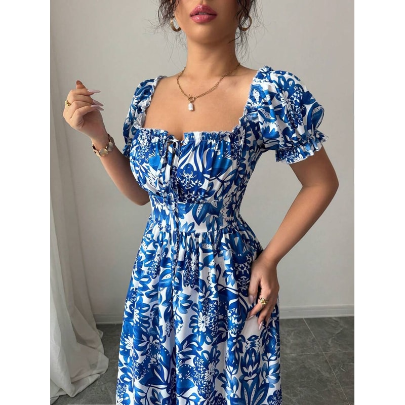 Blue Long Dress, Elegant Women's Floral Print, Front Tie Back Gathered Waist, Bubble Sleeve Dress for Casual Vacation