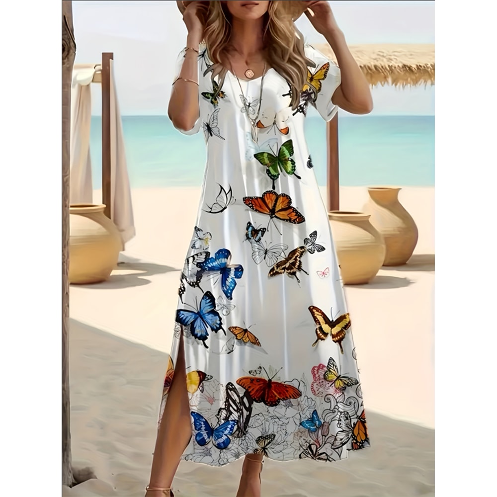 Plus Size V-Neck Butterfly Print Dress, Elegant Summer Split Hem Short Sleeve Women's Fashion