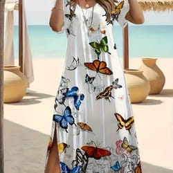 plus size v-neck butterfly print dress, elegant summer split hem short sleeve women's fashion