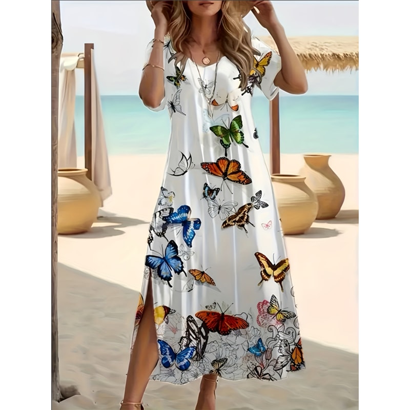 Plus Size V-Neck Butterfly Print Dress, Elegant Summer Split Hem Short Sleeve Women's Fashion